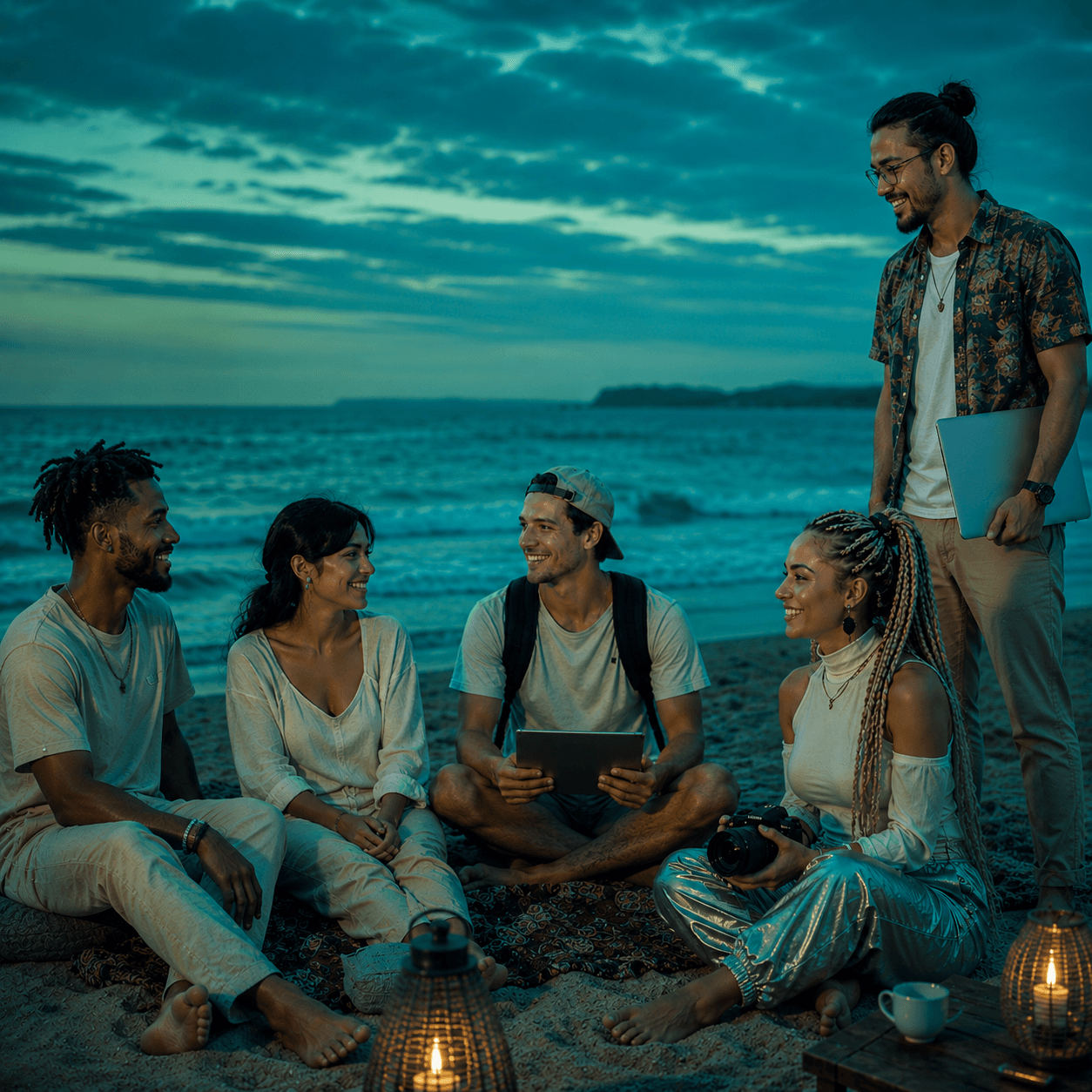 Group of diverse young creatives collaborating on the beach at dusk
