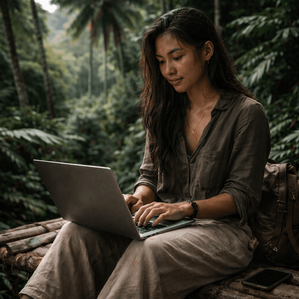 Digital nomad working from a tropical forest