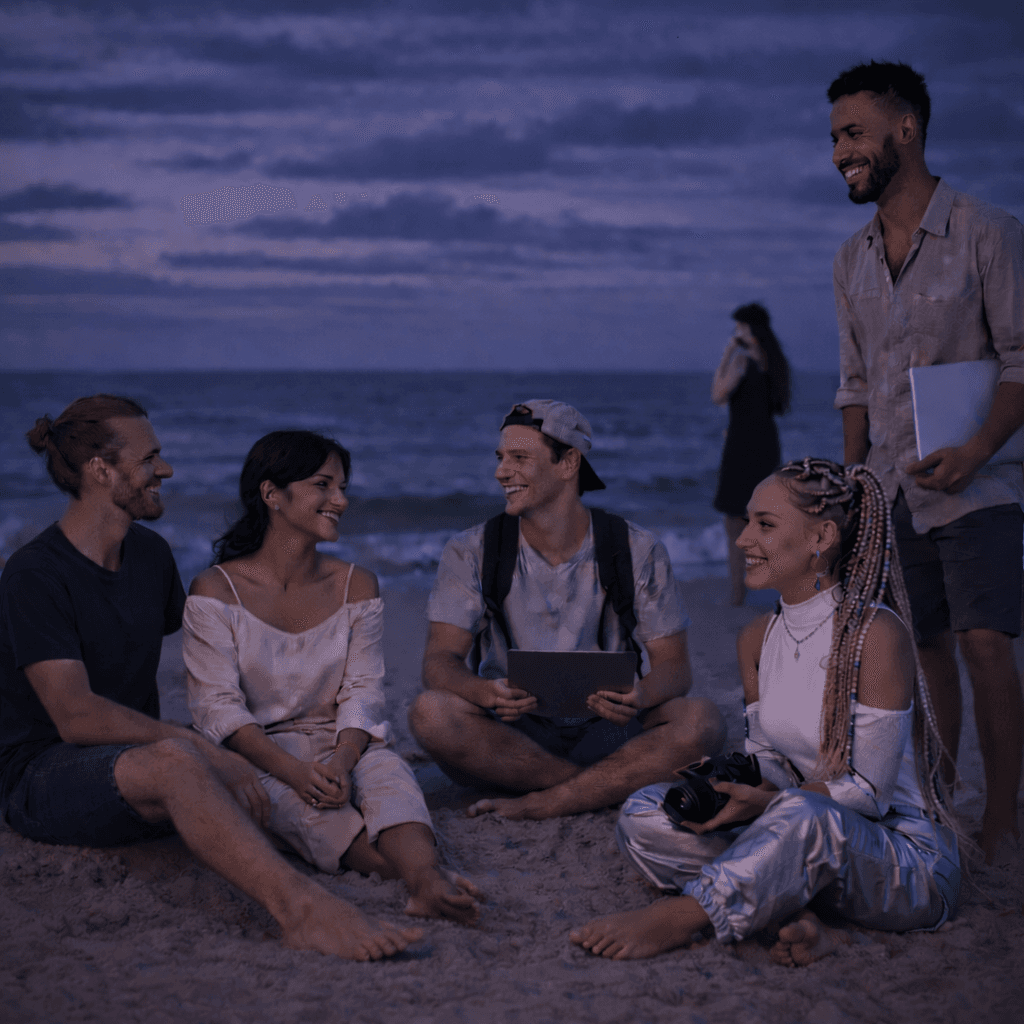 Team of diverse digital nomads collaborating on the beach at sunset